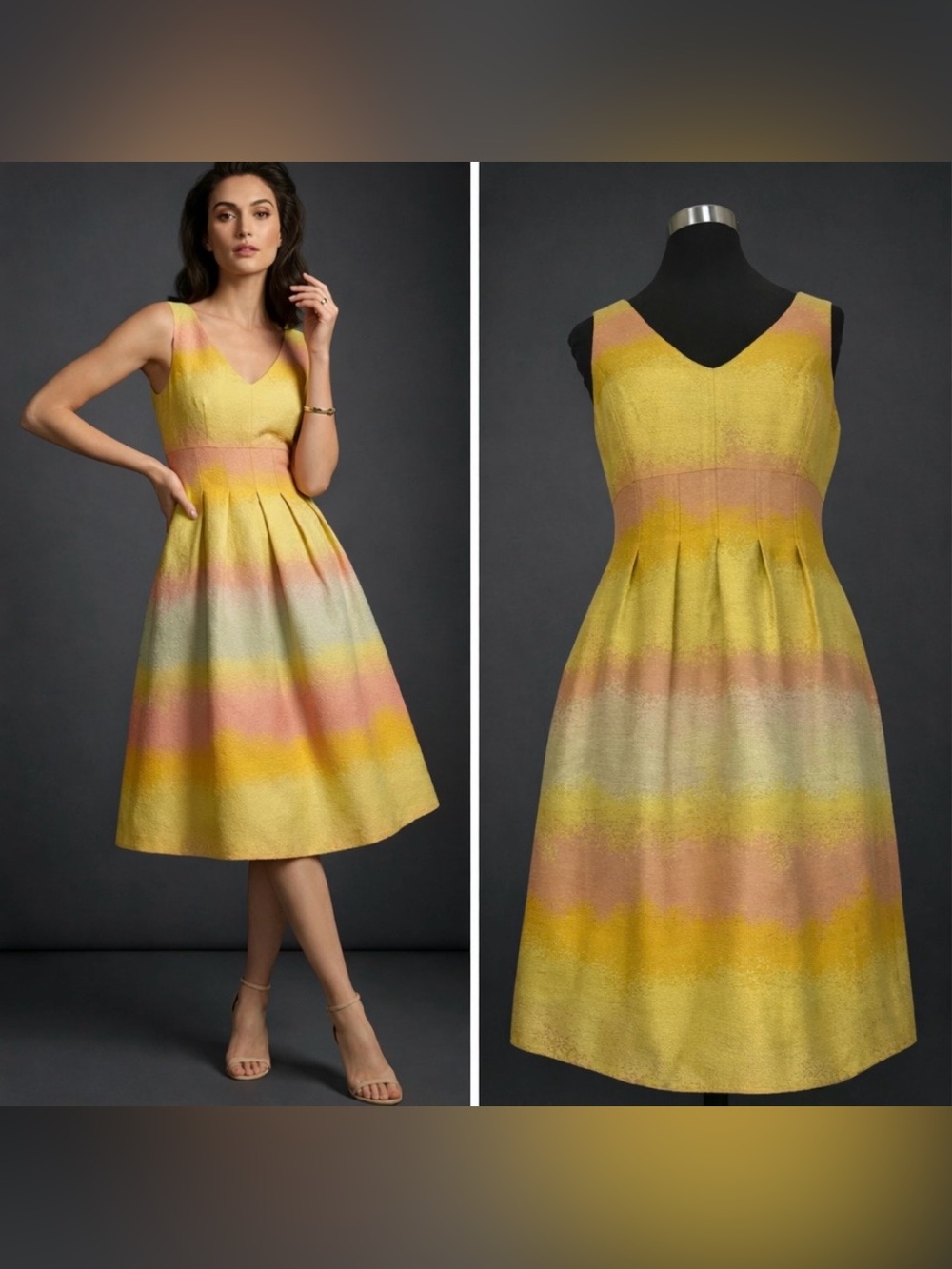 Lela Rose Yellow Ombré Sunrise Sleeveless Midi Fit & Flare Party Dress Sz 6 USA